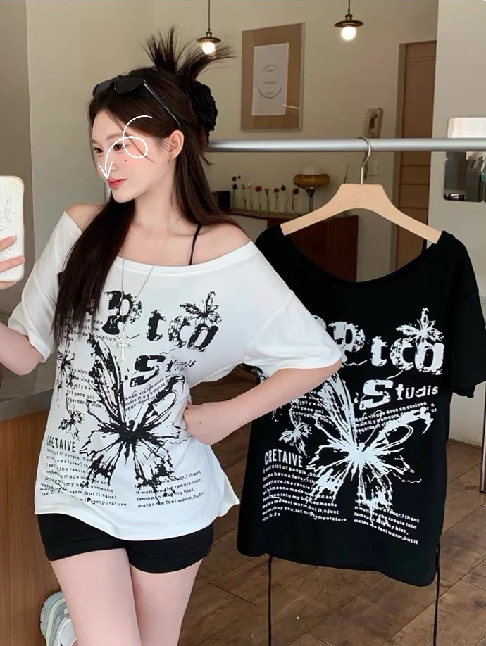 白色斜肩蝴蝶结印花短袖t恤女夏装休闲慵懒宽松200斤百搭半袖上衣