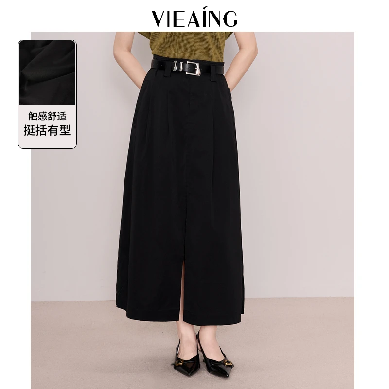 VIEA.ING薇迎牛仔半身裙女2025夏季新款A字裙配腰带黑色开叉半裙