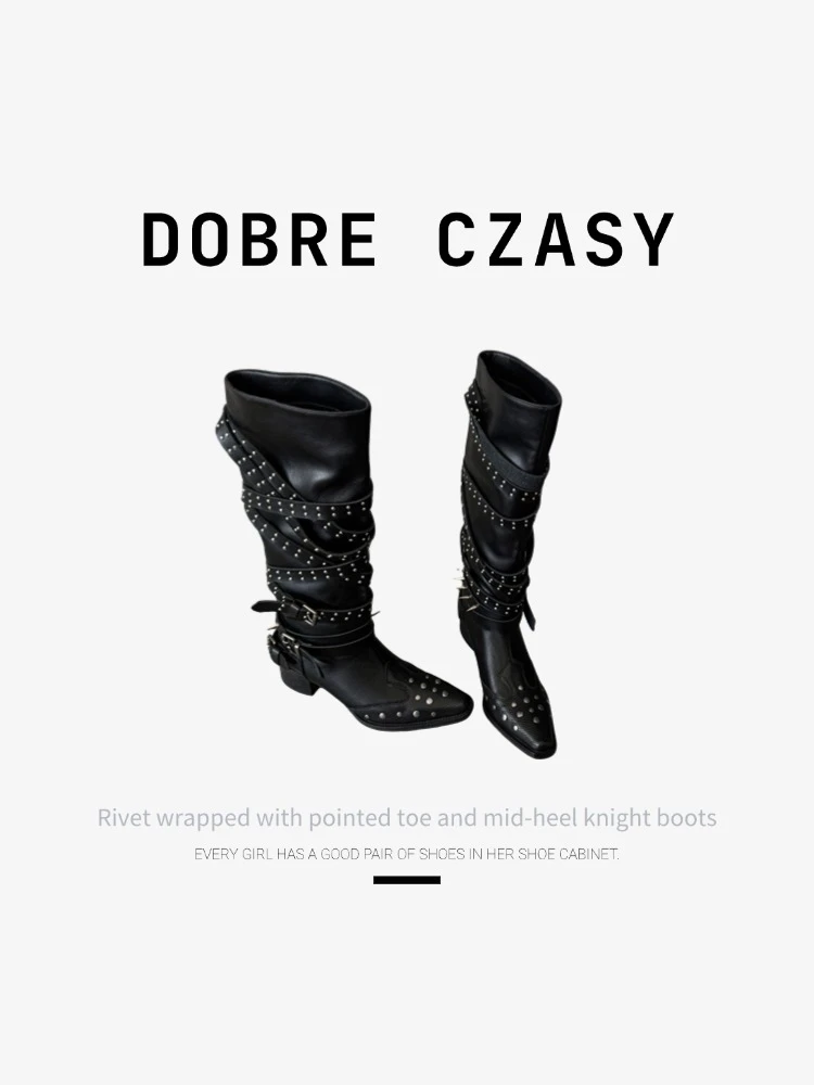 DOBRE CZASY | 多贝·卡萨铆钉缠绕带尖头中跟骑士靴长短筒款百搭