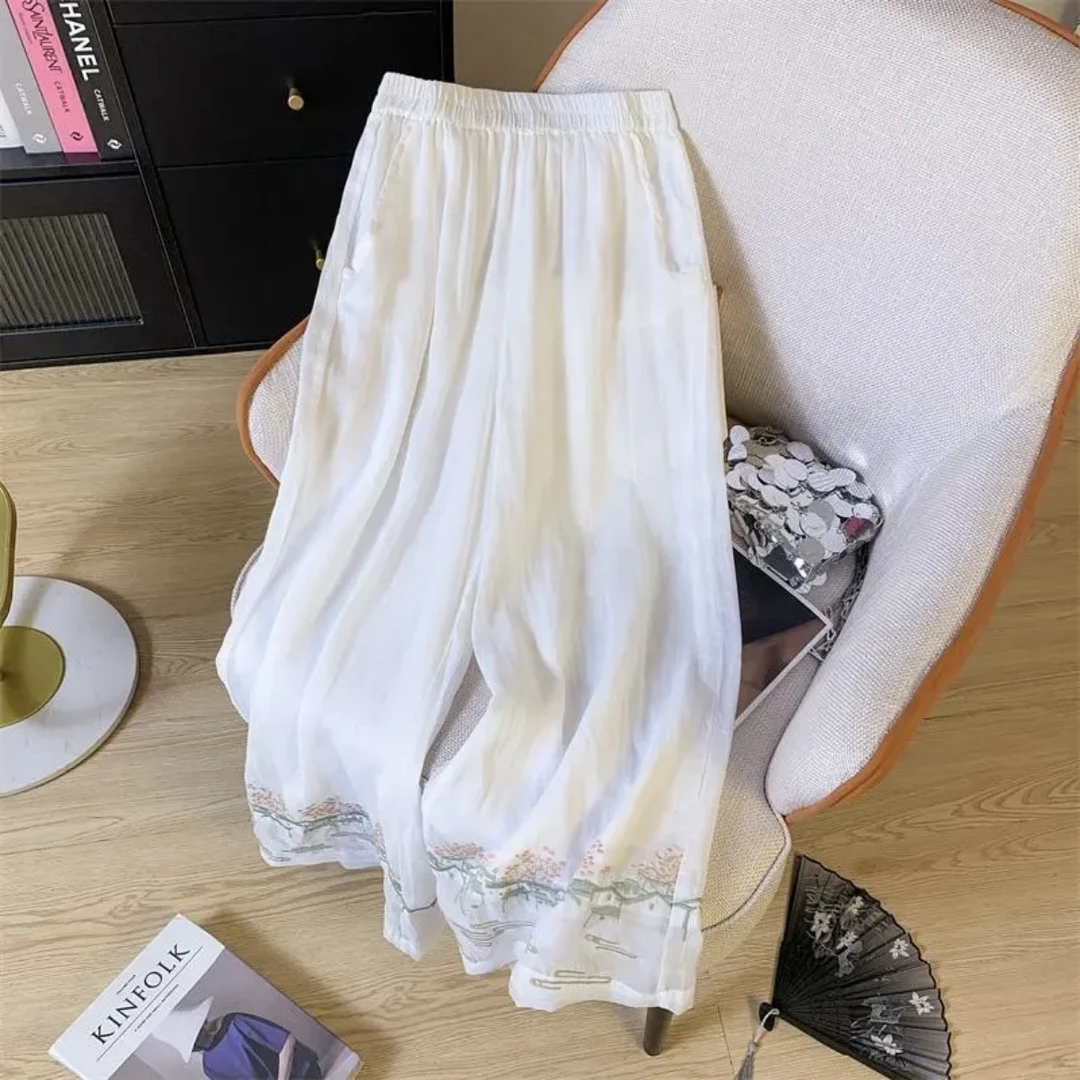 新中式国风刺秀裤子女士夏季薄款妈妈高端双层休闲阔腿裤