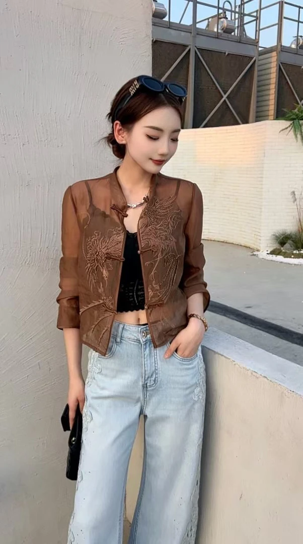 欧若风MZ+雅新中式防晒衣衬衫女2025夏刺绣国潮风改良外搭开衫