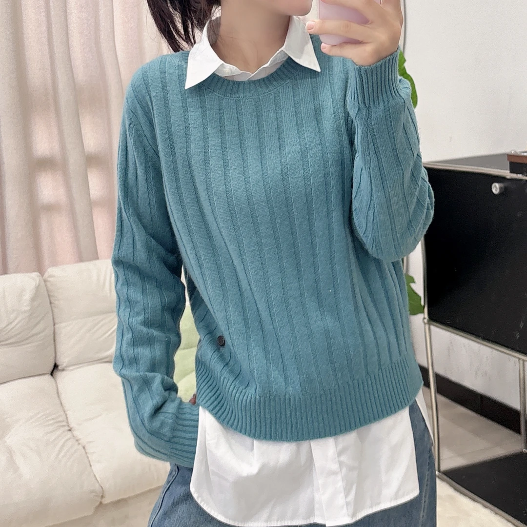 【小猪姐姐】2025冬季新款-100%羊毛 韩版简约竖条纹圆领针织衫