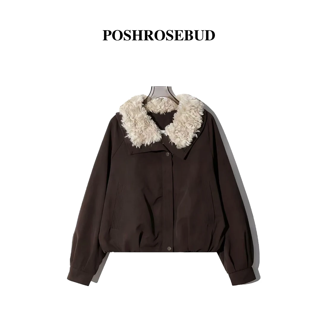 【POSHROSEBUD】【生巧慕斯】秋冬复古短款拼接翻领加绒外套Y-626