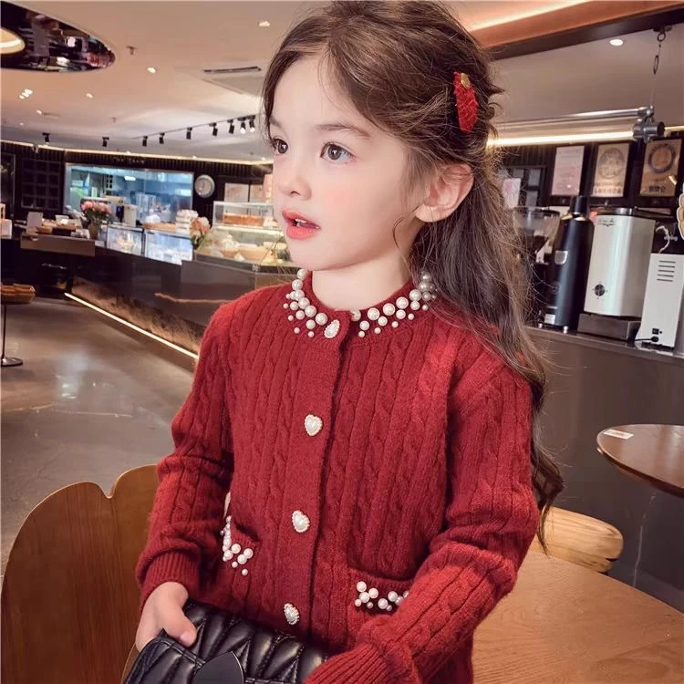 新款开衫小香风珠珠毛衣针织衫女童新款外套麻花针织开衫外套上衣