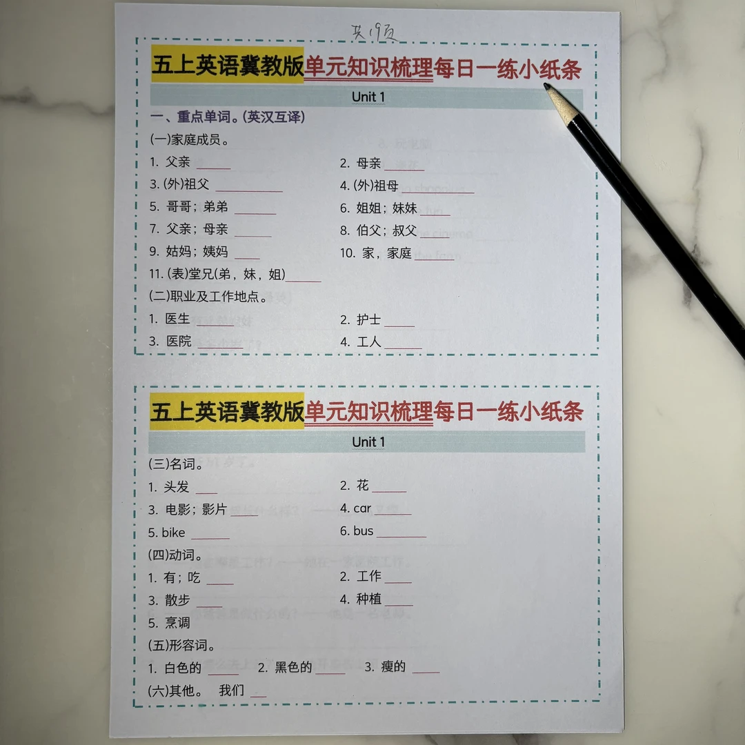 25年新五年级英语上册--单元知识梳理每日一练小纸条 冀教版 19页