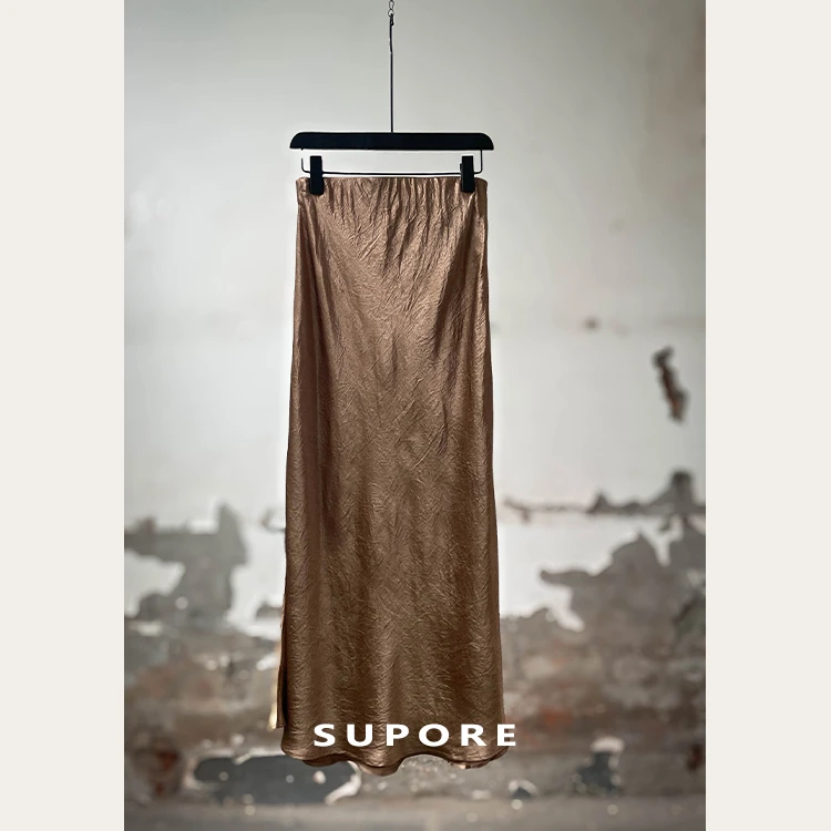 书白SUPORE | 小众设计醋酸鱼尾裙古铜金高腰褶皱法式半身裙优雅