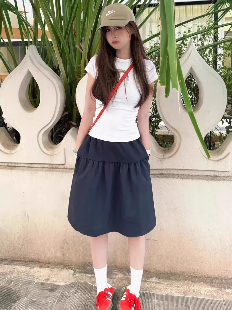 韩系学院风显瘦藏青色半身裙小个子夏季新款百搭高级感超好看伞裙