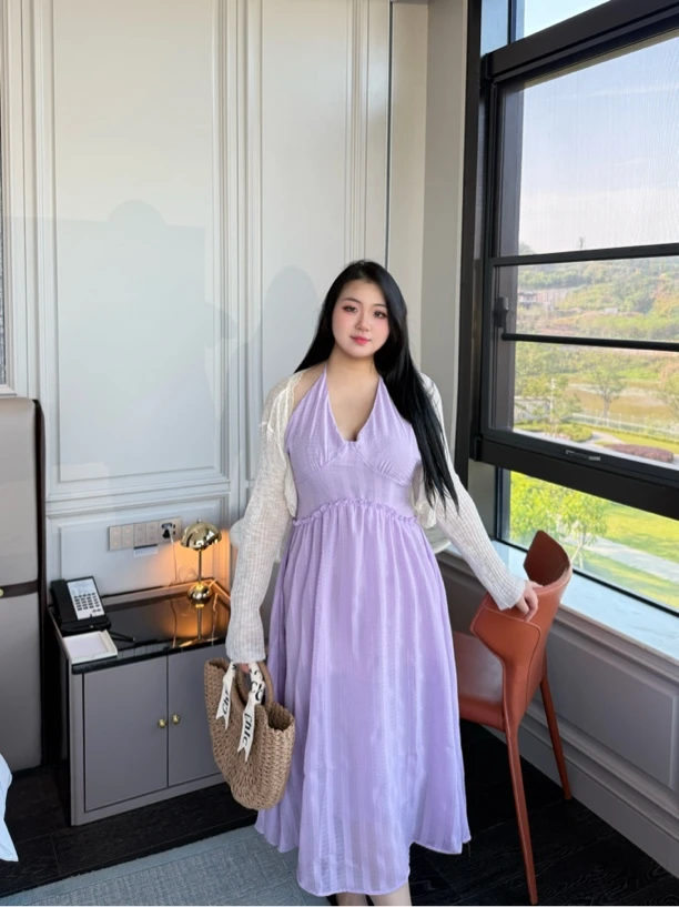 大码胖mm紫色无袖挂脖吊带连衣裙绝美海边度假法式气质长裙遮肚子