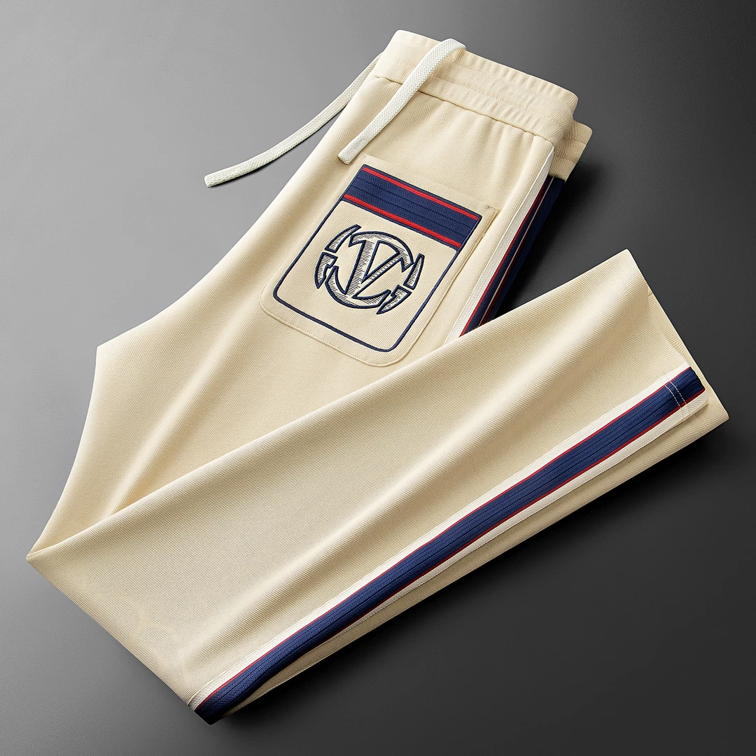 秋冬高端轻奢时尚潮流撞色织带刺绣空气层男士运动直筒卫裤休闲裤