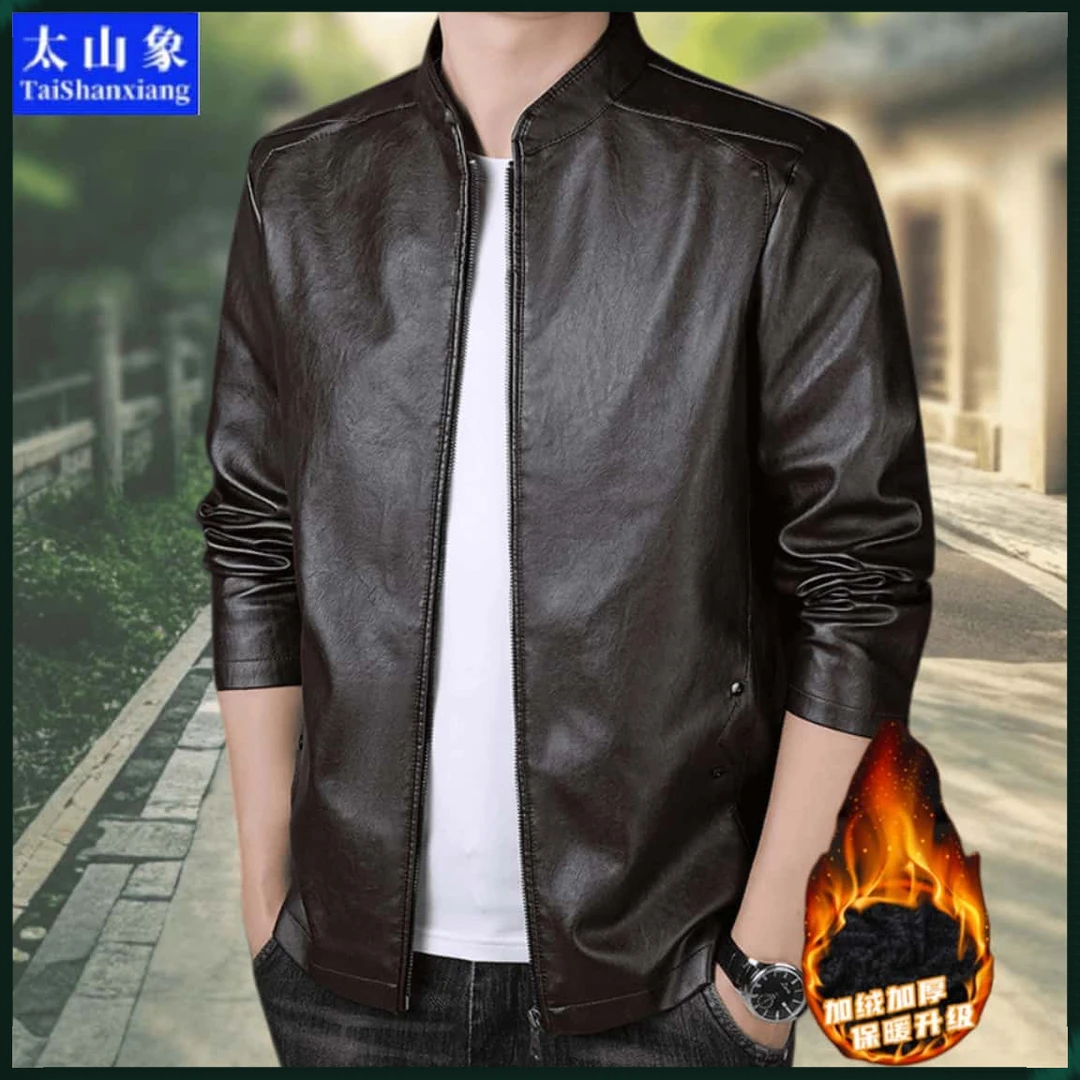 太山象中年男士皮衣加绒加厚韩版夹克秋冬季棒球领休闲保暖皮外套