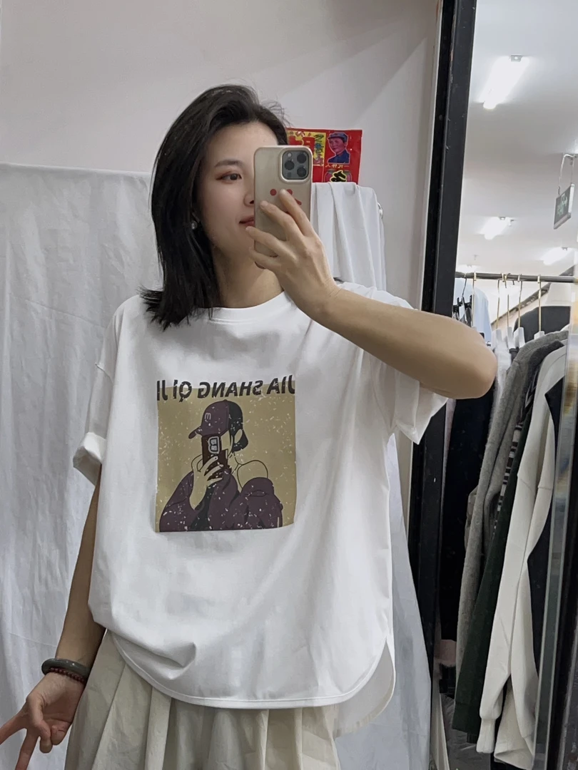 （本心）微弹力棉韩版宽松版型两边开叉印花减龄透气圆领夏季T恤女