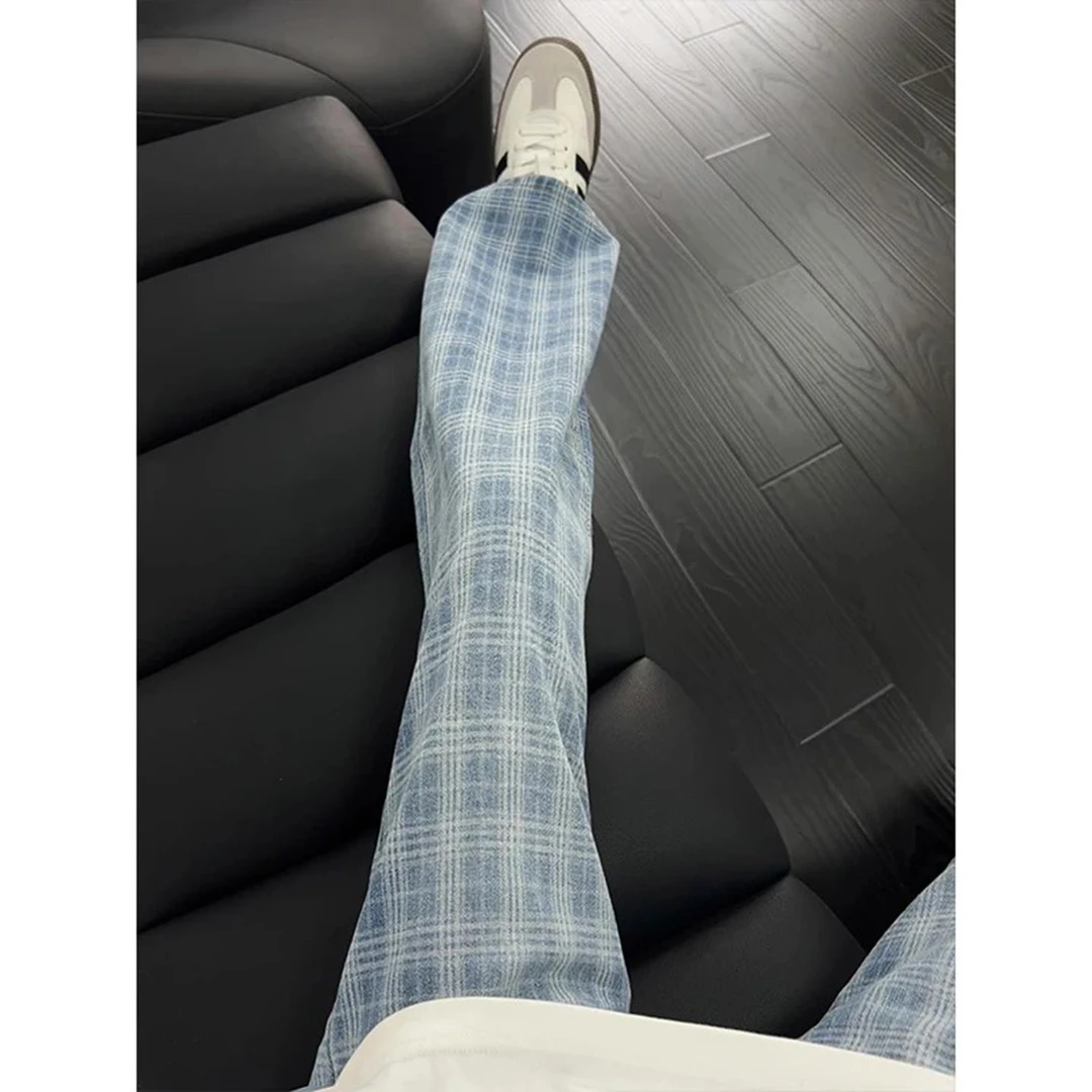 美式复古格子牛仔裤男女夏薄款cleanfit显腿长裤子窄版直筒微喇裤