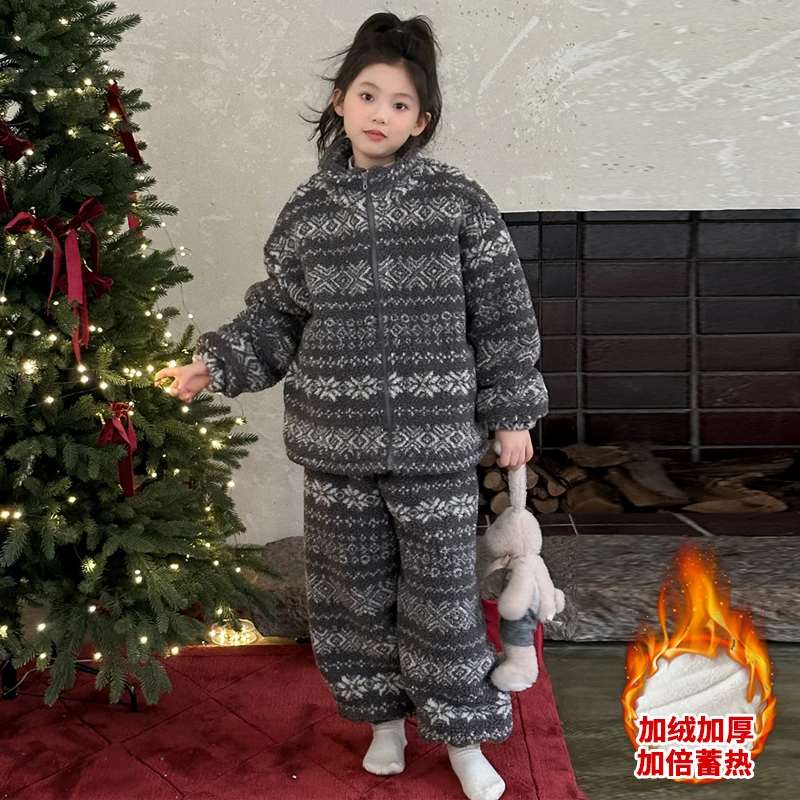 女童三层加厚睡衣新款珊瑚绒保暖女孩大童家居服套装儿童冬装童装