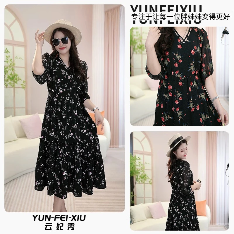 云妃秀大码女装连衣裙休闲宽松百搭韩版减龄显瘦微胖夏季77007