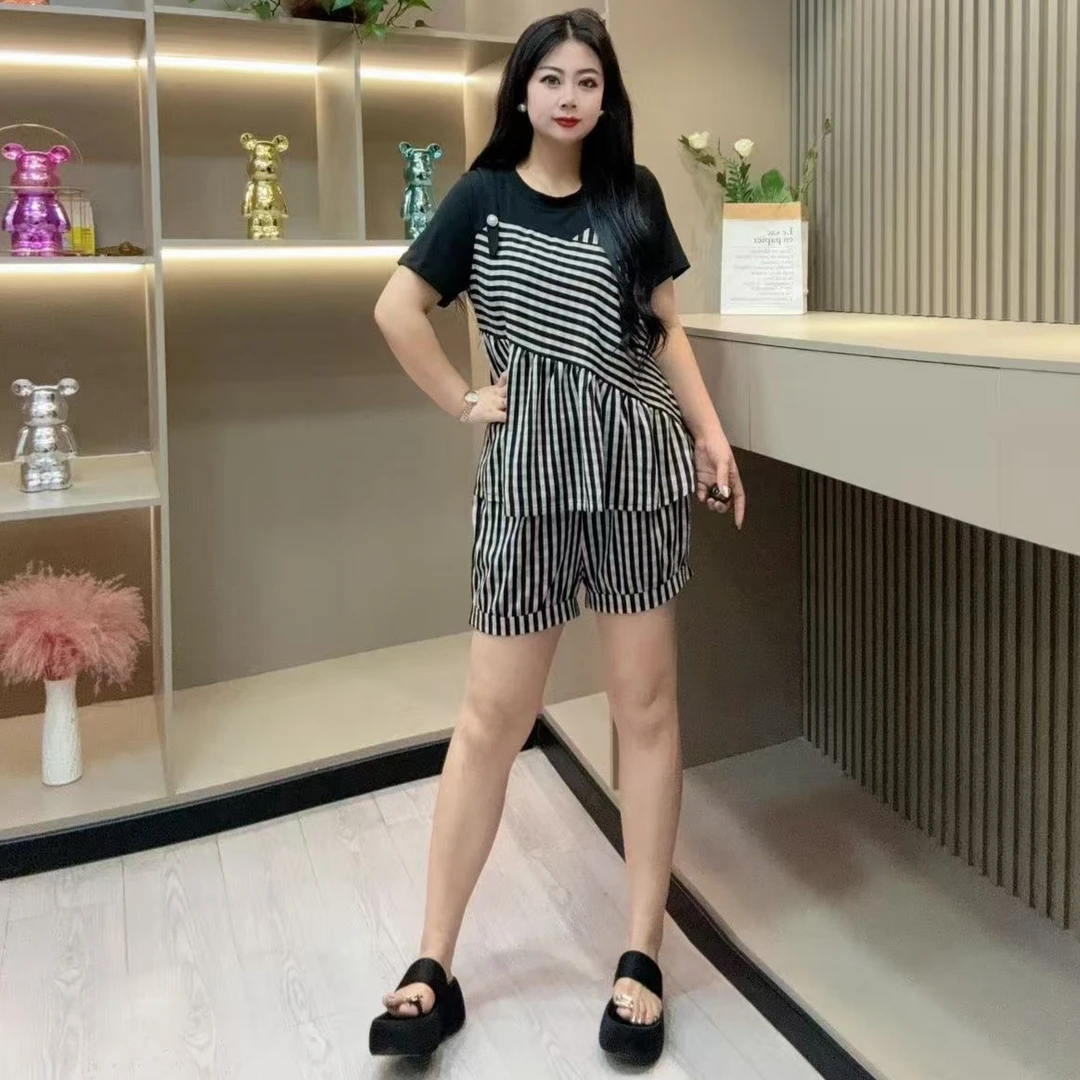 夏季套装-多 7501时尚潮流条纹潮流设计显瘦款胖MM大码女装新款