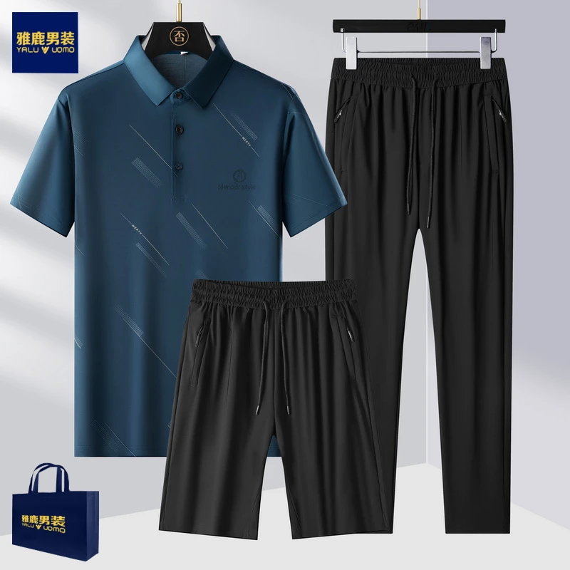 雅鹿男装爸爸夏装休闲冰丝套装运动短袖短裤男中老年衣服套装