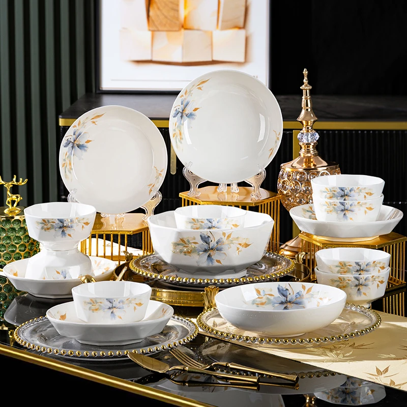 蓝色花期碗碟餐具套装家用中式餐具轻奢陶瓷碗盘组合乔迁送礼套装