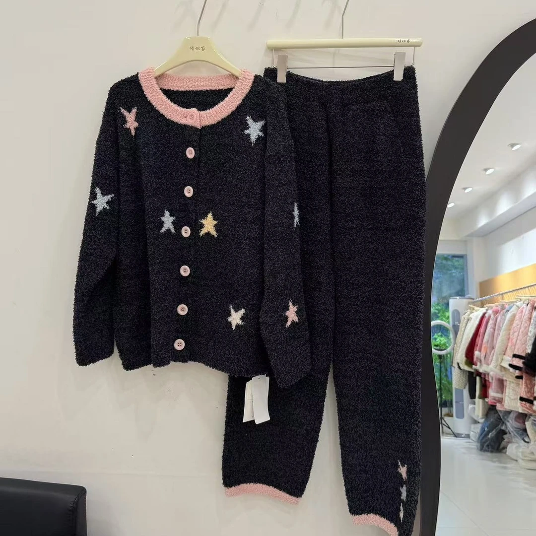 秋冬加厚加绒可外穿半边绒女士睡衣家居服套装