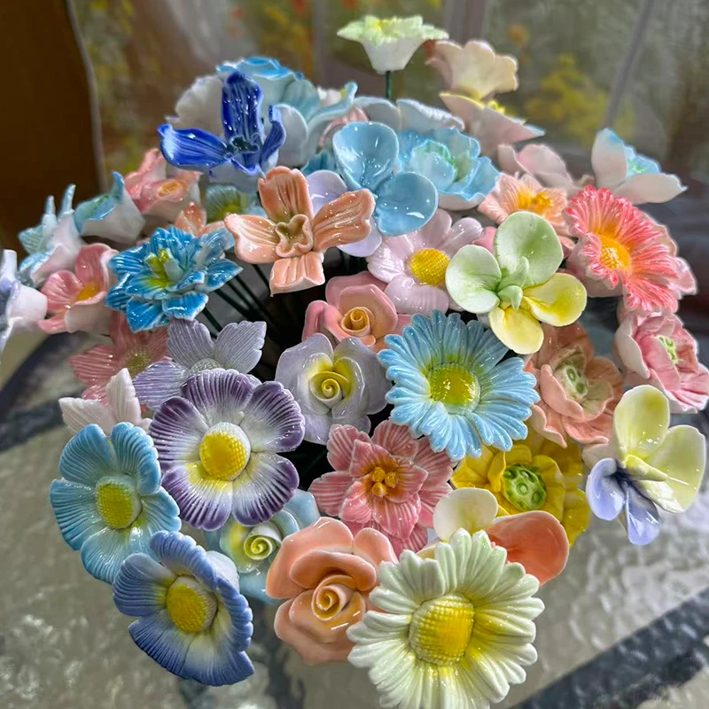 陶瓷小花朵手捏陶瓷永生花仿真花朵桌面家居饰品摆件