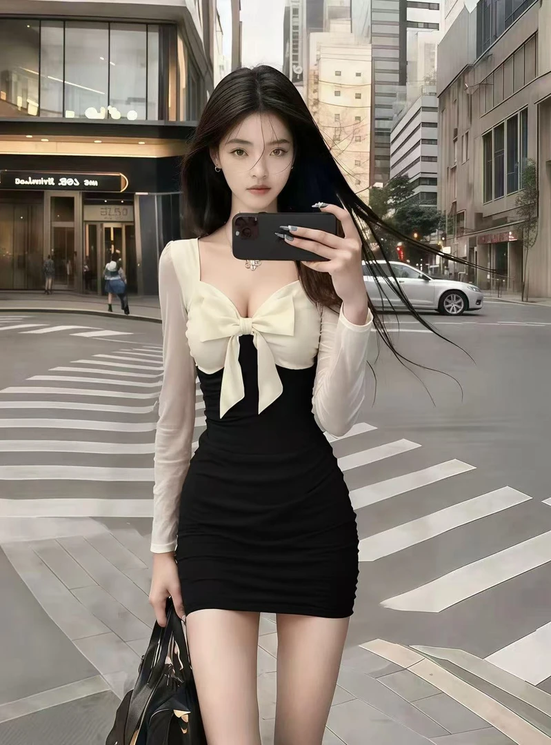 高级感名媛御姐风撞色V领蝴蝶结系带长袖修身收腰性感包臀连衣裙