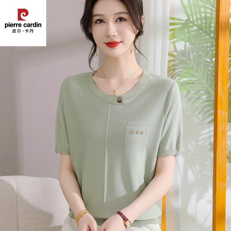 皮尔卡丹妈妈夏装新款百搭短袖恤时尚圆领冰丝小衫中老年女薄款针