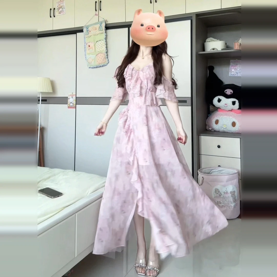 【现货+运补】法式温柔碎花吊带连衣裙子女夏独特漂亮收腰长裙4556