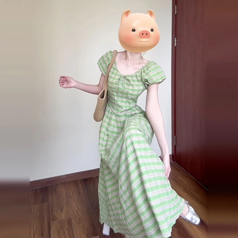 法式气质绿色格子泡泡袖连衣裙女2025夏清新收腰显瘦长裙清仓2542