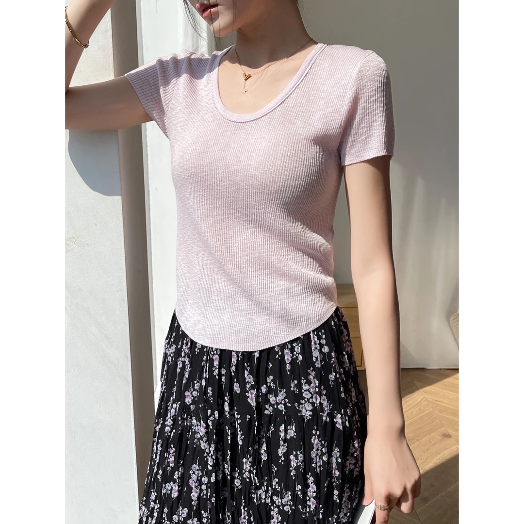 紫色u领针织短袖女t恤2025新款夏天内搭打底不规则正肩上衣设计感