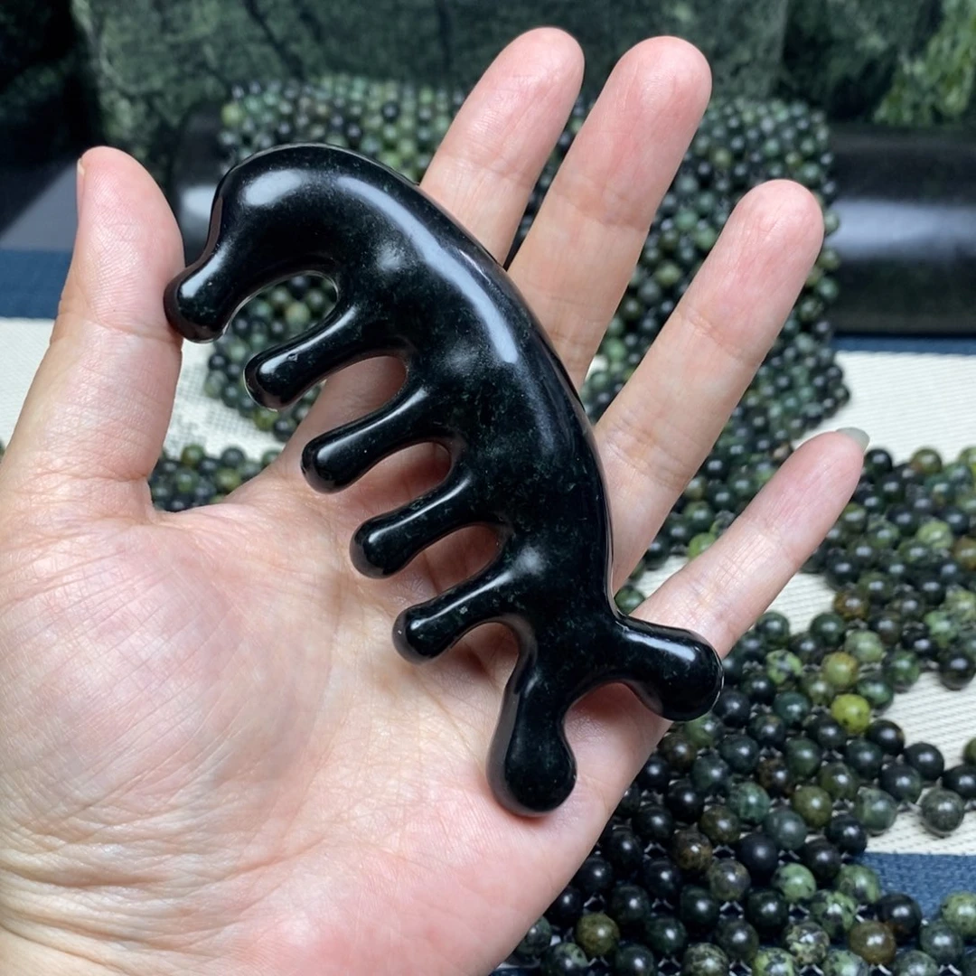 博***长蛇纹石玉未镶嵌发饰黑包公按摩梳微瑕福利