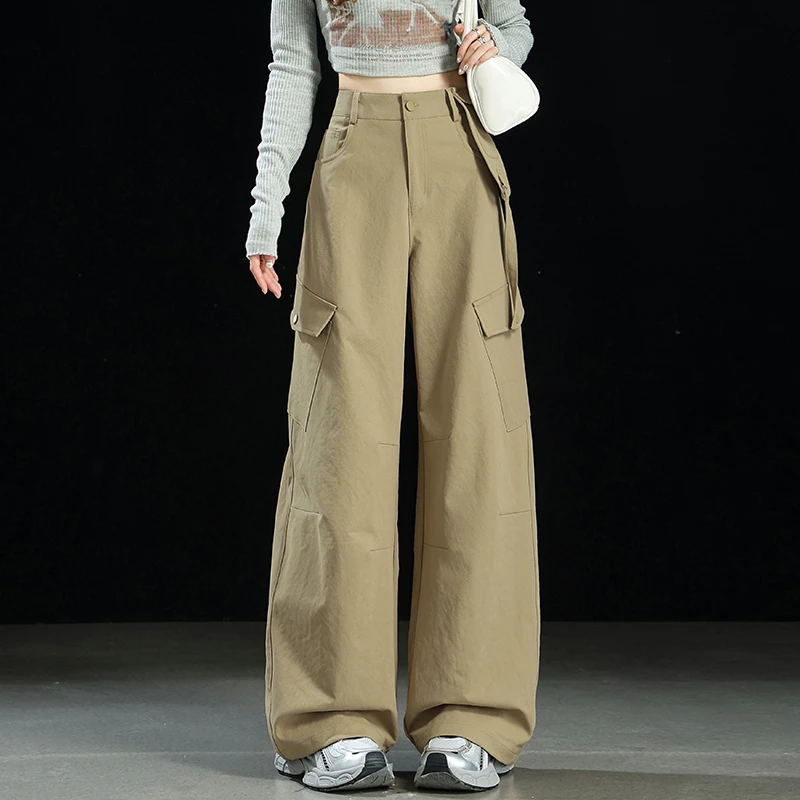 卡其色美式工装裤女2025新款秋季美式高腰登山裤多口袋休闲阔腿裤