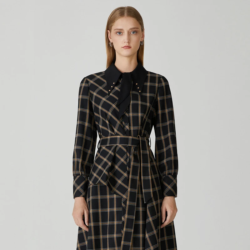 莱芙·艾迪儿时尚女士复古收腰中长款格子格纹长袖连衣裙1W4L94124