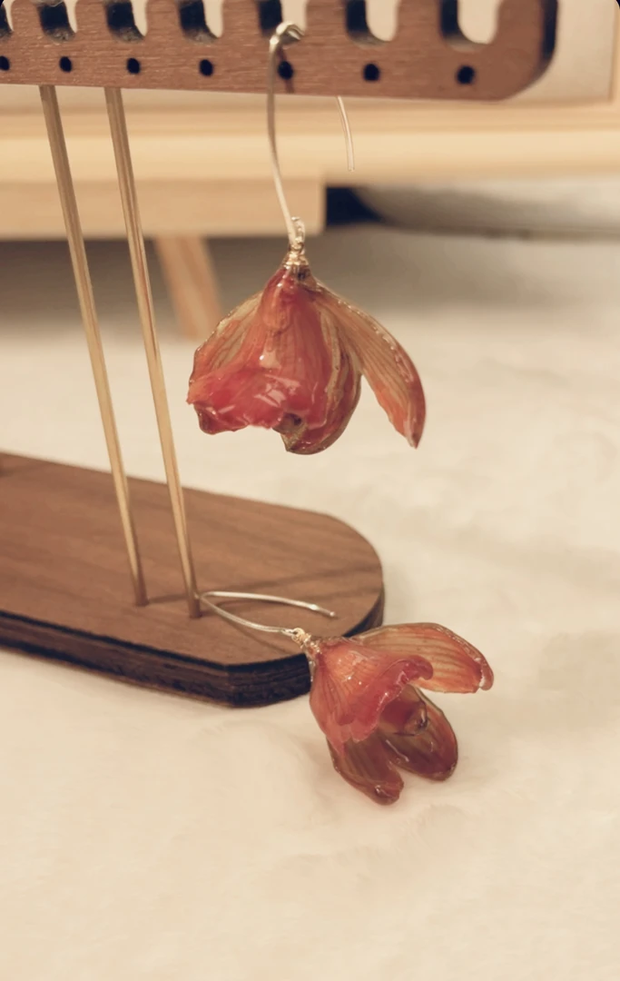 铜合金树脂耳饰 真花兰花制作气质优雅女神兰花耳饰