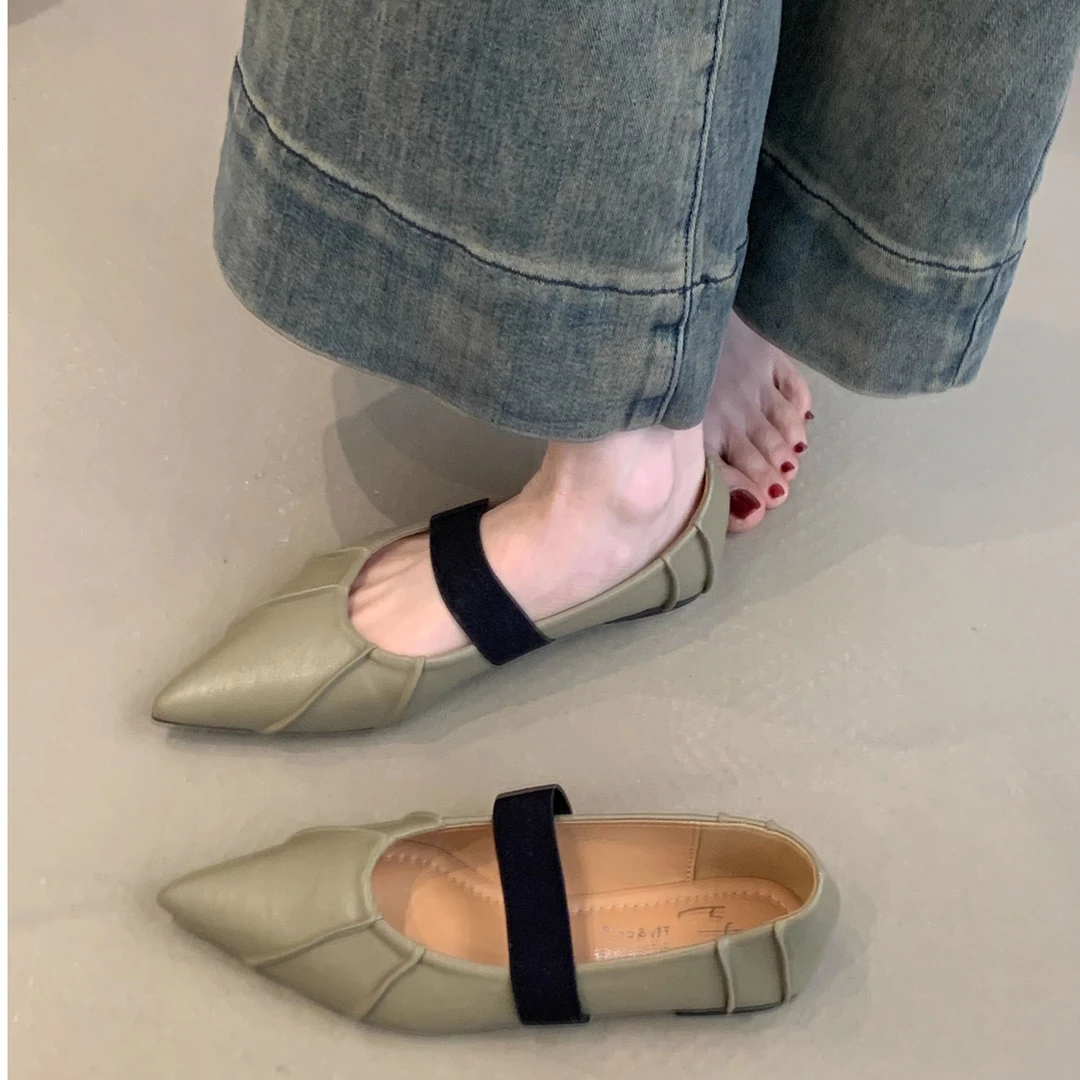 TTY-CD142-5设计感单鞋女2025年法式褶皱尖头浅口一脚蹬玛丽珍鞋