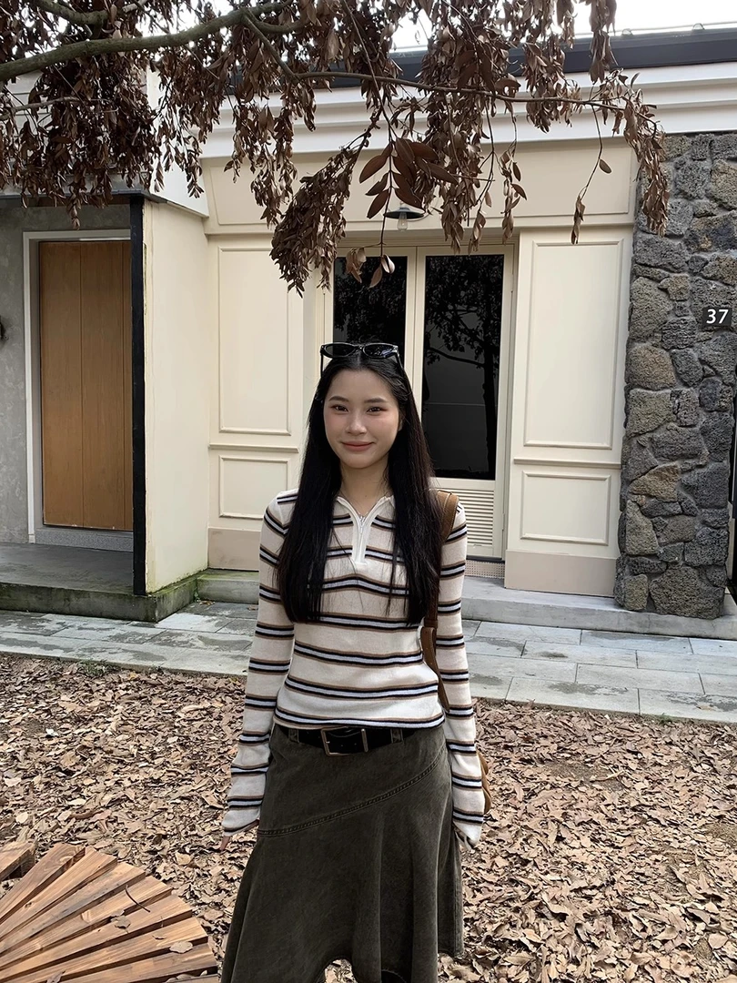 ONEXH·2025冬季拉链翻领长袖条纹羊毛针织衫女显瘦韩系内搭毛衣