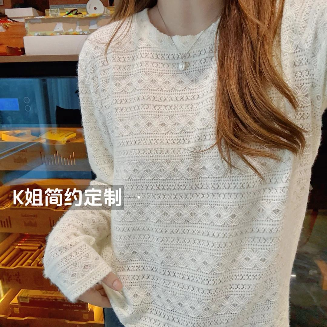 “KK定制”加绒宽松圆领蕾丝打底衫秋冬内搭长袖上衣D2156