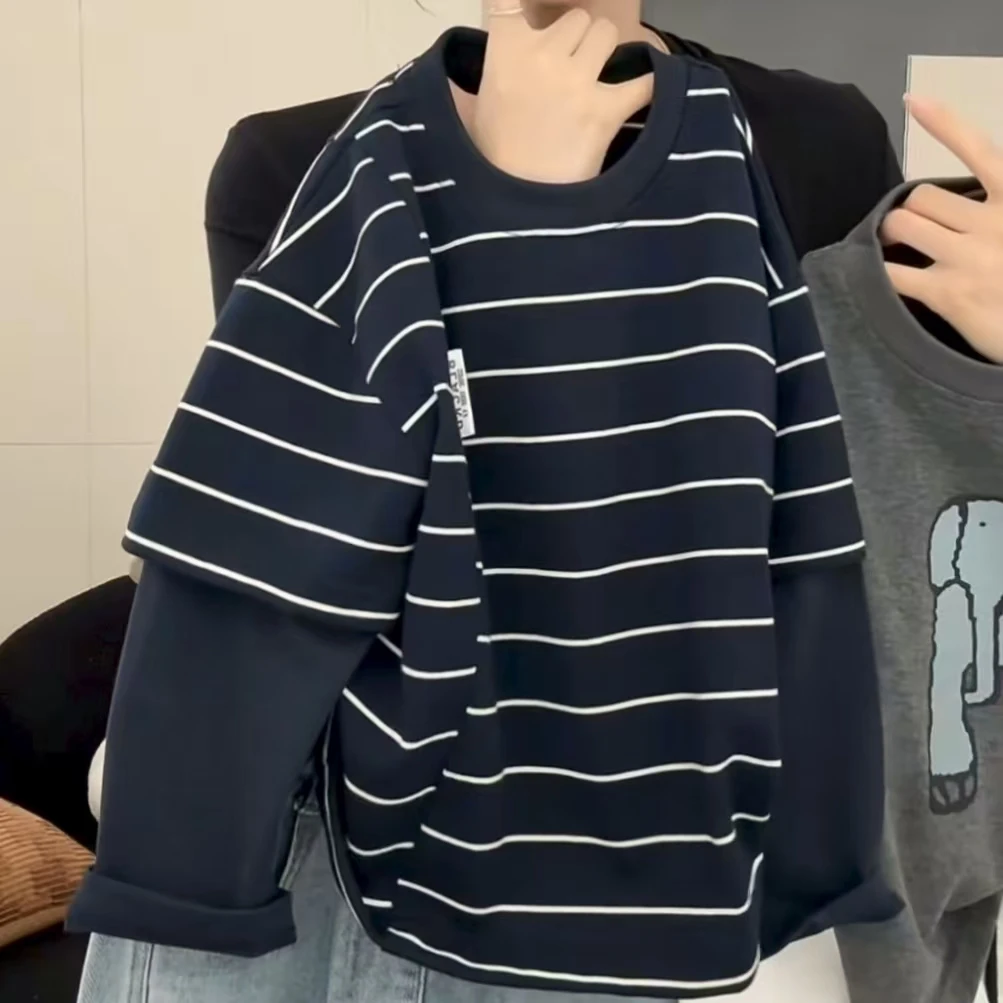 儿童秋装条纹t恤打底衫2025新款男童春秋款时尚洋气假两件上衣潮T