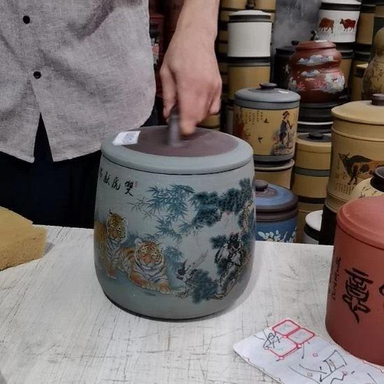 紫砂茶叶罐正品石瓢双虎献瑞009