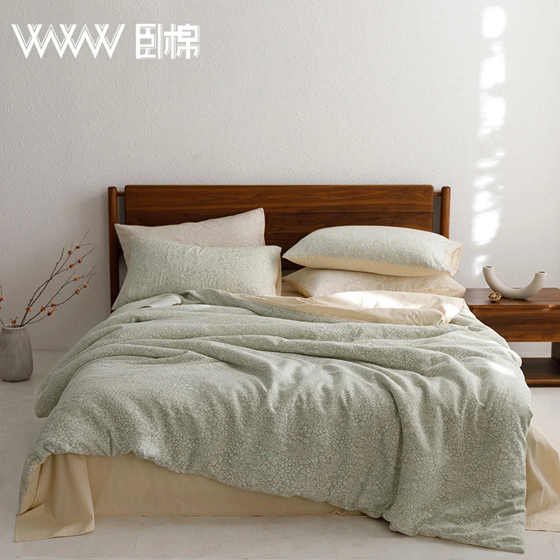 WWW 全棉色织水洗棉纱布提花柔软舒适纯棉宿舍三件套四件套 茶话