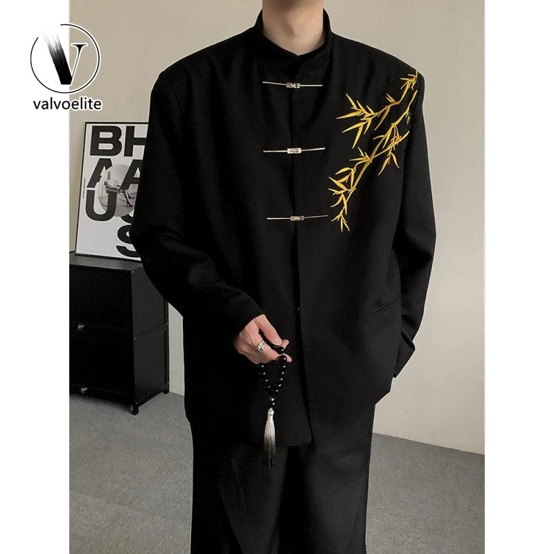 VALVOELITE新中式男订婚衣服套装国风立领中山装金竹刺绣礼服西装