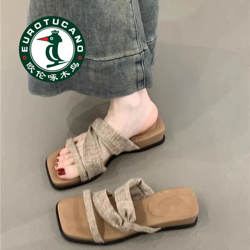 欧伦啄木鸟厚底露趾凉鞋女韩版复古亚麻波西米亚度假沙滩一字拖鞋