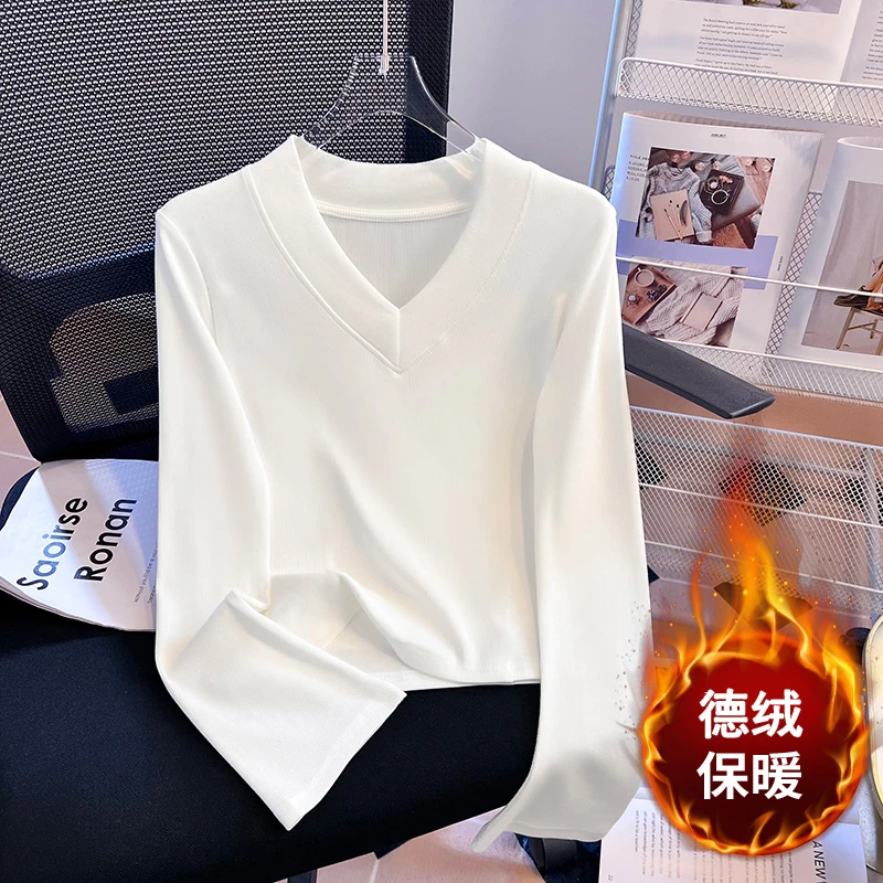 2025新款秋冬打底衫女洋气内搭修身显瘦上衣设计感v领正肩长袖t恤
