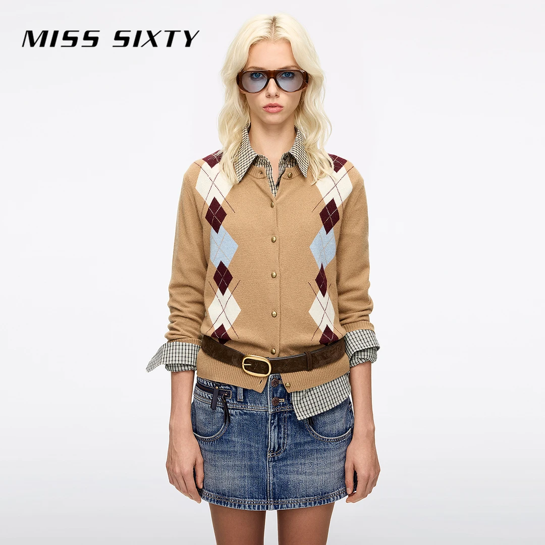Miss Sixty2025秋季新款绵羊毛山羊绒针织开衫女菱格学院外套毛衣