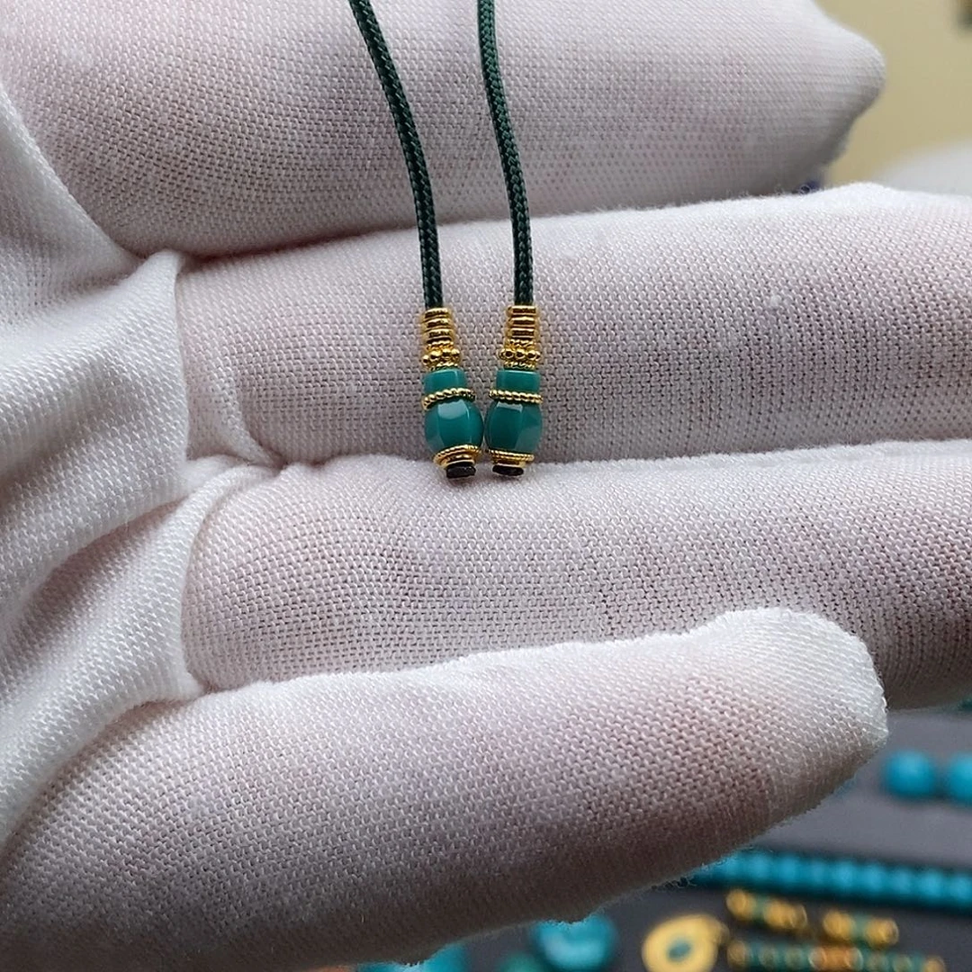 纯***生绿松石18K金镶嵌绿松石配饰h