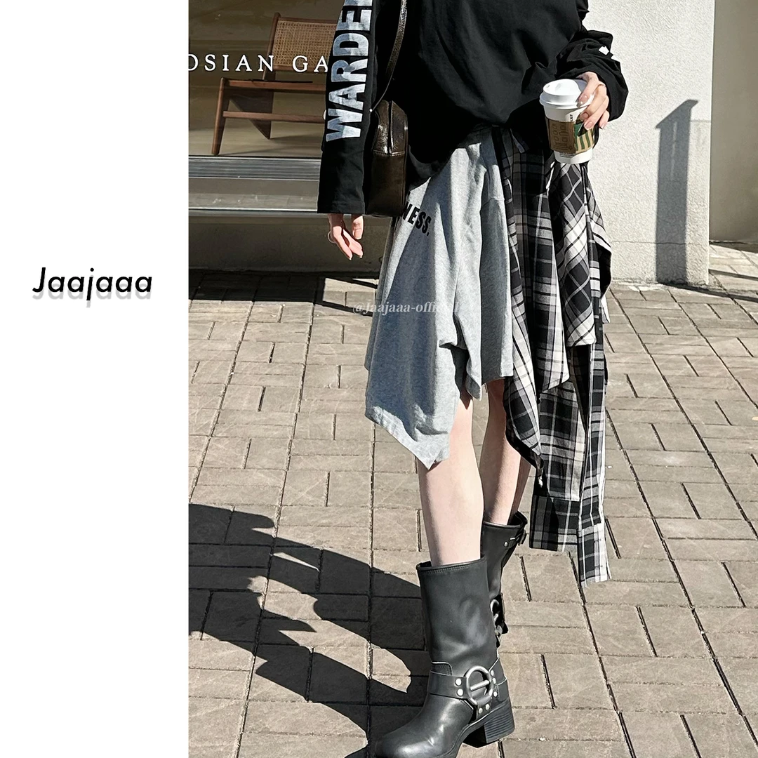 Jaajaaa橄榄春日 不规则设计春款格子拼接半裙/EXCC