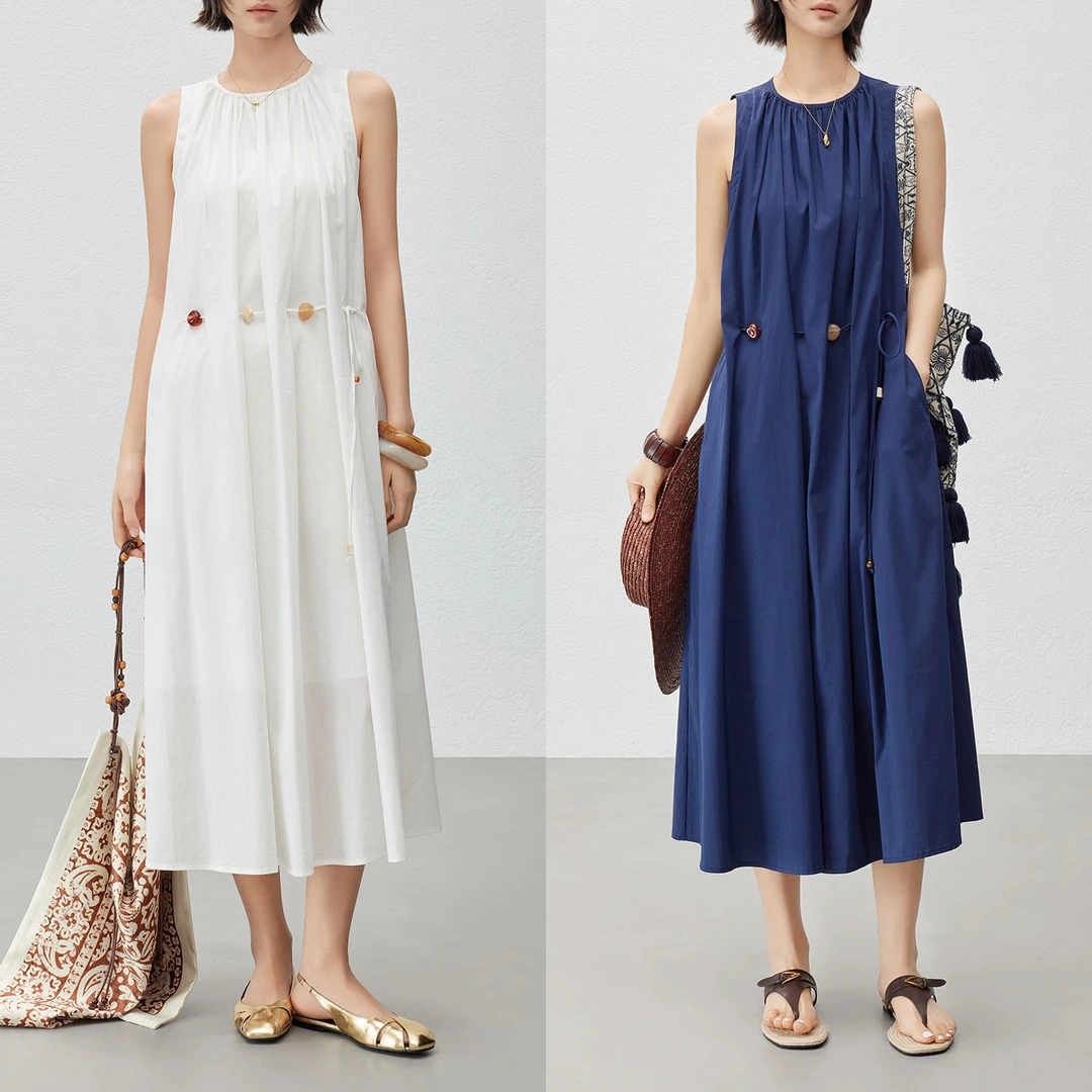 美洋MEIYANG【商场同款】 白露连衣裙 褶皱圆领腰绳背心裙显瘦气质