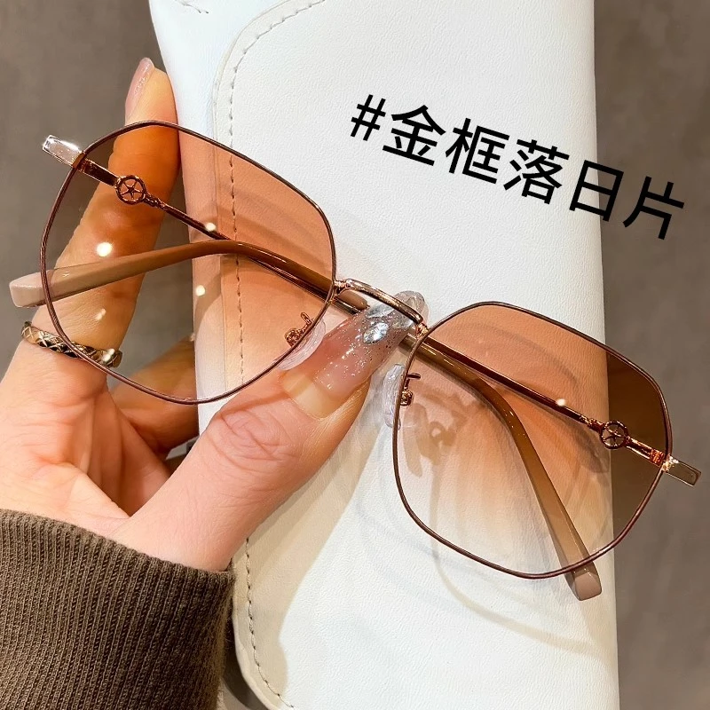 韩系显白奶茶色落日眼镜女可配近视度数素颜文艺多边形金丝太阳镜