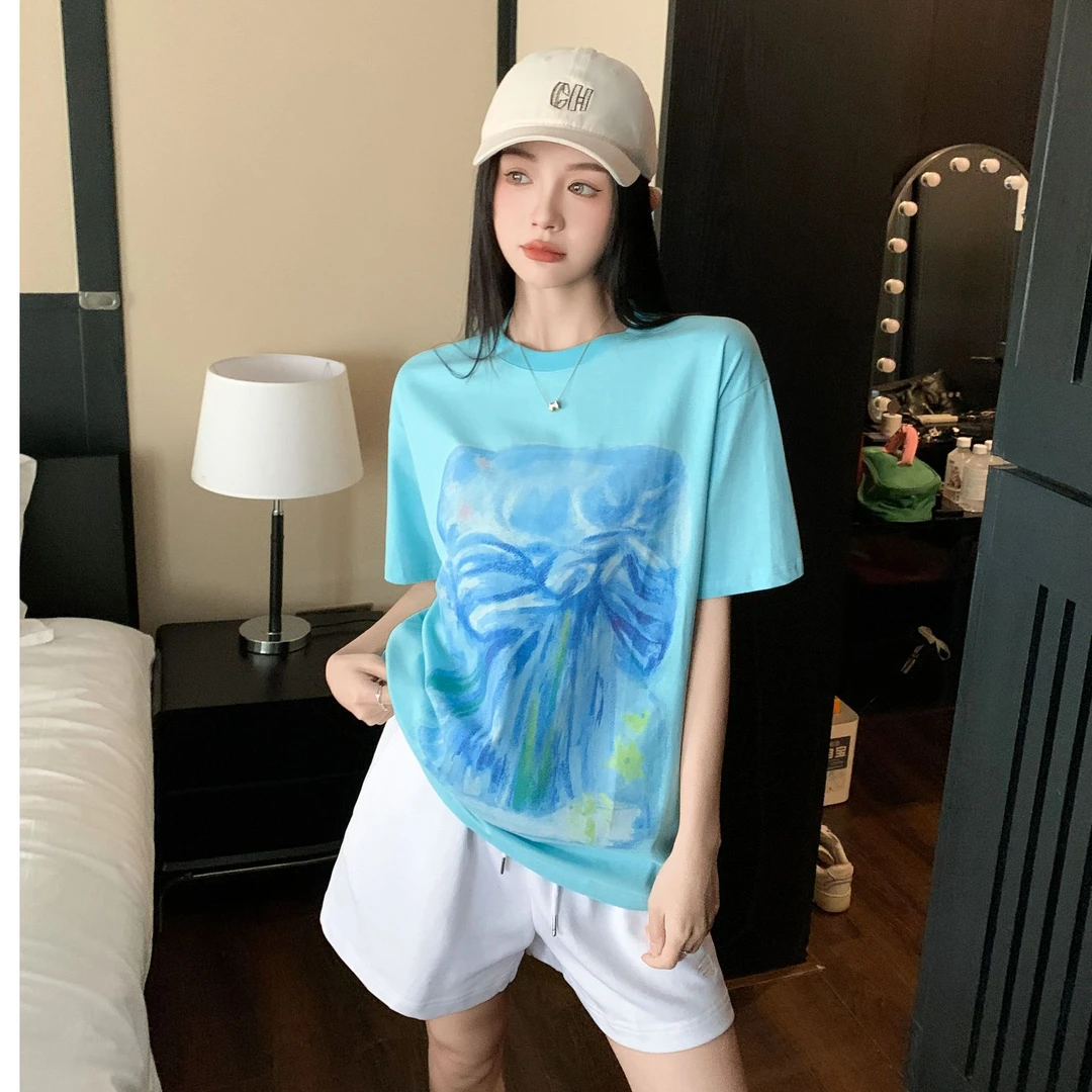 2025夏季新款宽松圆领印花短袖T恤短裤时尚休闲运动两件套装女潮