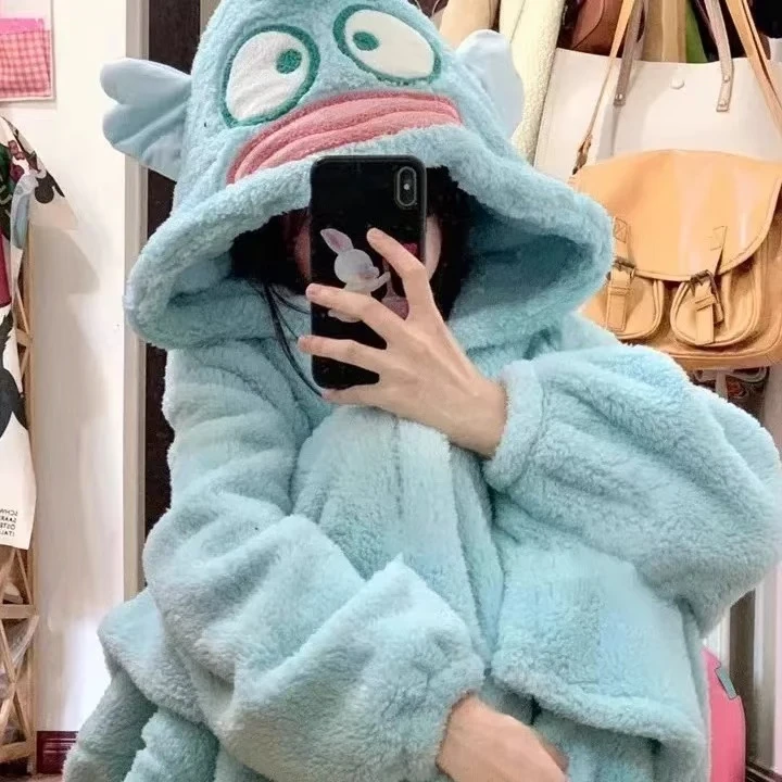 小丑鱼连帽长毛绒睡袍女冬款2025新款居家服睡衣加厚加绒男女同款