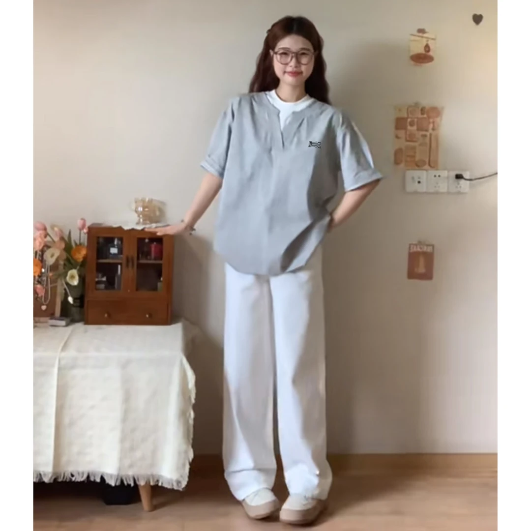 美式潮牌假两件V领短袖t恤男女夏季个性字母印花宽松休闲情侣上衣