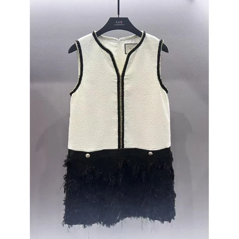 【宠粉价】法式轻奢黑白拼接流苏时尚宽松连衣裙W-A1455